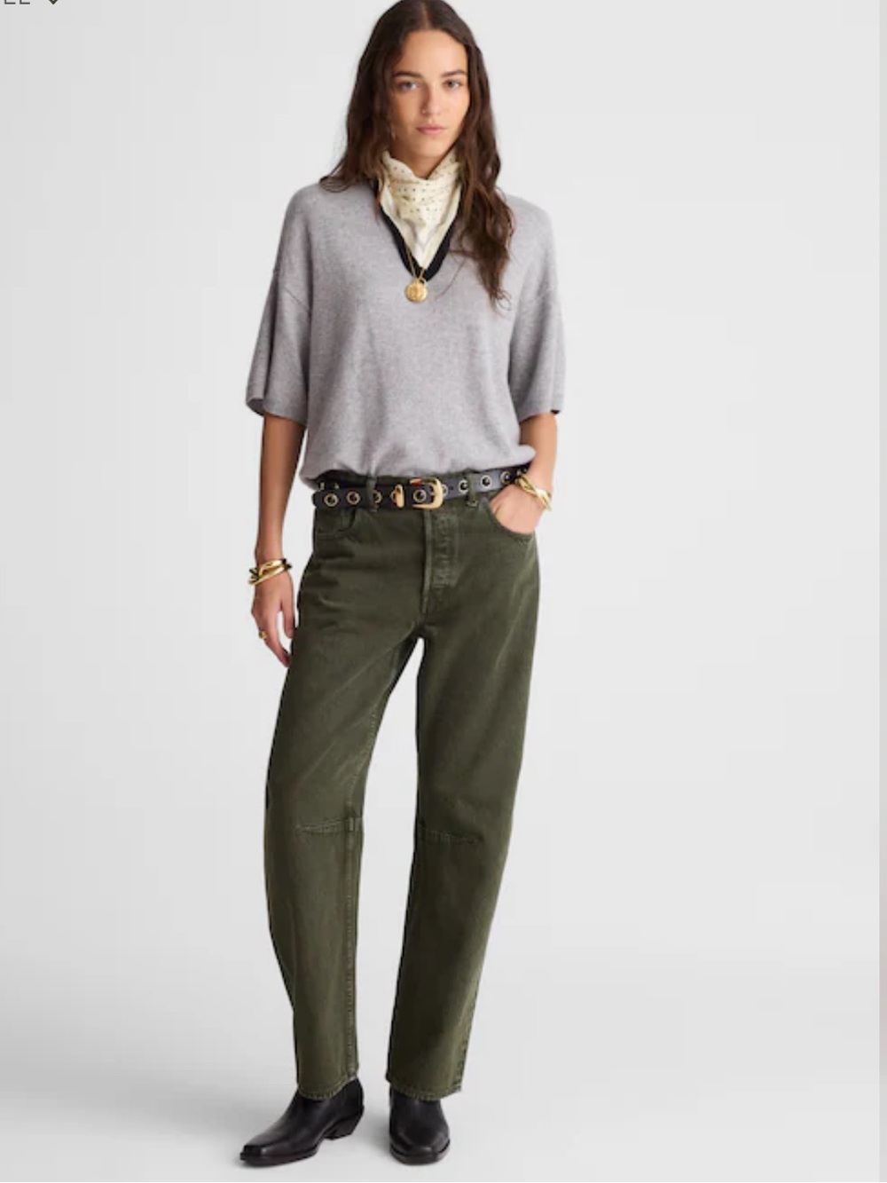 MADEWELL Darted Barrel Leg Jeans in Mossy Umber Green size 26 Rigid Denim